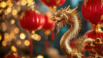 Obraz premium A festive backdrop featuring golden dragons, red and gold lanterns, and bright firecrackers for Chinese New Year.