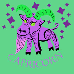 Vector illustration of zodiac signs. Capricorn sign. A capricorn with large curved horns and a chin. Hand drawing, capricorn, date, zodiac.