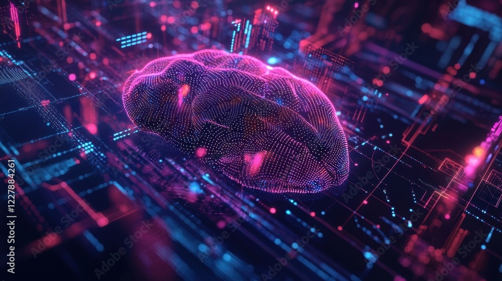 Aufkleber a luminous digital brain constructed from intricate geometric shapes pulsing with financial metrics 