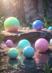 Obraz premium Pastel rainbow orbs floating in a serene environment, calming atmosphere, glowing spheres, pastel rainbow colors