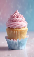 Pastel pink cupcake with fluffy pink frosting on a soft gradient background of pastel blue hues and white swirls , sweet treats, feminine desserts