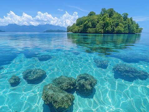 Crystal clear turquoise waters reveal rocks and an island on the horizon under a blue sky