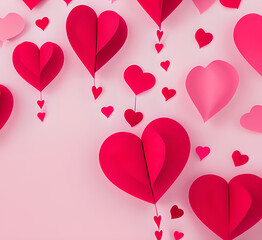 Heart Happy Valentine's day poster or voucher. Beautiful paper cut white clouds with white heart frame on pink background illustration. Papercut style. Place for text.generative ai