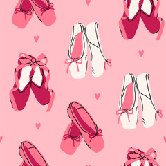 Pointe Shoes set. Pink, white ballet shoes with ribbons. Dance, ballet school, ballerinas footgear, gymnastic performance concept. Hand drawn trendy Vector illustration. Square seamless Pattern