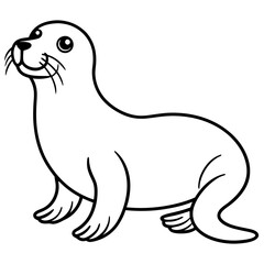 Cute Sea Lion Silhouette Line Art  Black Vector Carton Illustration