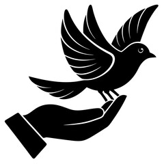  A hand holding a small bird symbolizing freedom  silhouette vector illustration