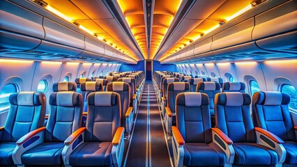 Fototapeta premium Empty Airplane Cabin Interior: Overhead Lighting, Drone Perspective Stock Photo