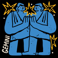 Gemini astrological zodiac sign. Cartoon unique modern style. Horoscope, zodiac Constellation. Hand drawn trendy Vector illustration. Magic, witchcraft, astrology concept. Isolated design element