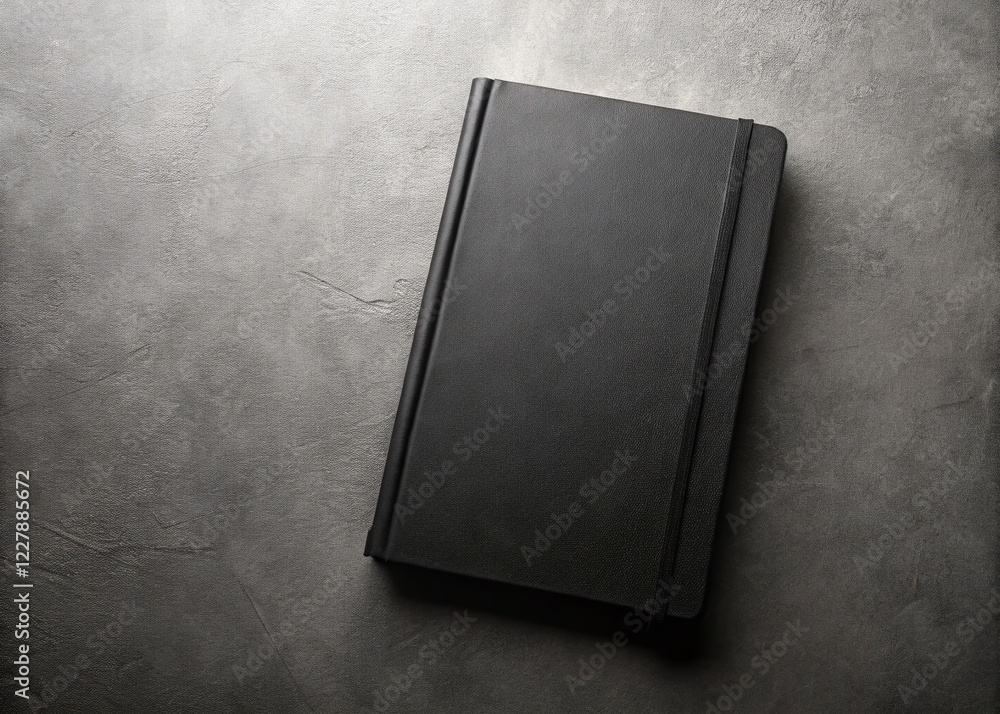 Poster empty black notebook on gray background - copy space for text or design