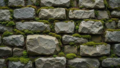 Fototapeta premium A textured stone wall covered with green moss and vegetation.