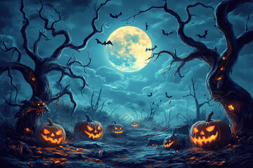 Fototapeta premium Spooky Halloween Night with Glowing Jack-O’-Lanterns, Full Moon, Haunted Graveyard, and Flying Bats in a Chilling Fantasy Horror Scene