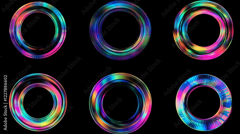 Poster neon circle frame with glitch effect. realistic vector illustration set of retro futuristic ring des