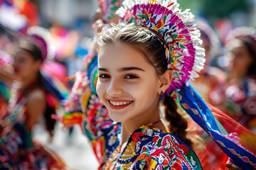 Fototapeta premium Young Bosnian woman in vibrant traditional costume smiling at festival parade, Bosnia and Herzegovina Independence Day