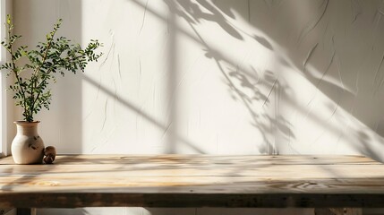 empty white table with plant in vase and shadow on white wall