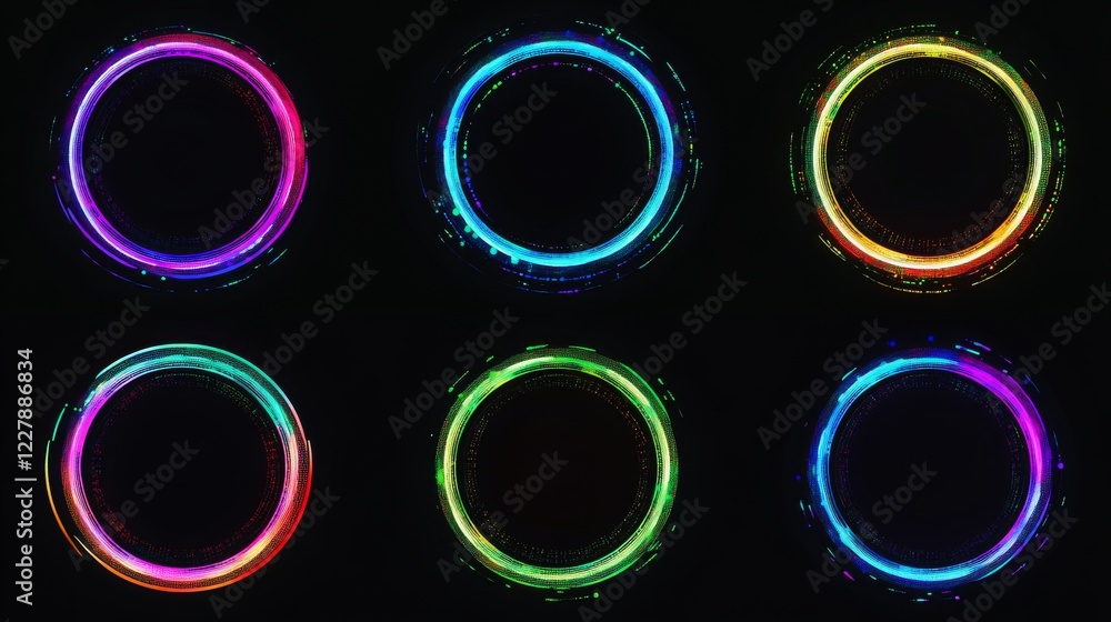 Poster neon circle frame with glitch effect. realistic vector illustration set of retro futuristic ring des