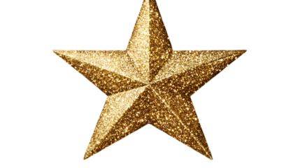 Radiant golden glitter star tree topper, sparkling with festive charm, perfect for Christmas tree decoration; isolated on a transparent background