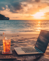 A hyper-realistic flat lay of a digital nomad's workspace on a tropical beach, featuring a laptop, symbolizing remote work and digital entrep