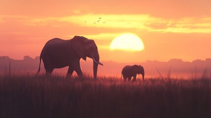Mother Elephant and Calf Walking Across Savanna at Sunset