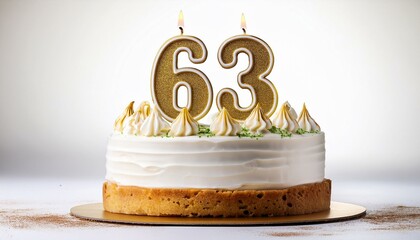 Decorated white cake for birthday or anniversary party, candle number 63, white background