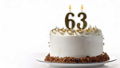 Decorated white cake for birthday or anniversary party, candle number 63, white background