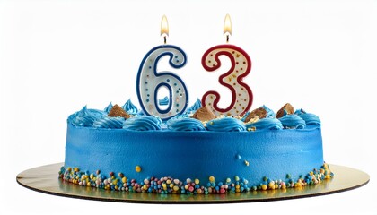 Decorated blue cake for birthday or anniversary party, candle number 63, white background