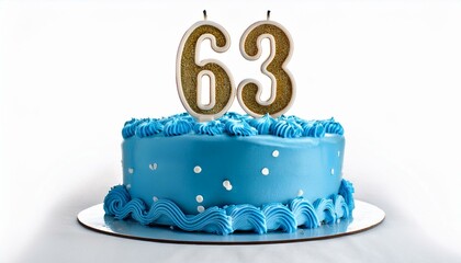 Decorated blue cake for birthday or anniversary party, candle number 63, white background