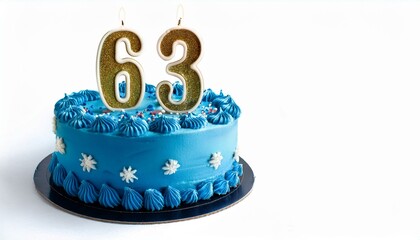 Decorated blue cake for birthday or anniversary party, candle number 63, white background