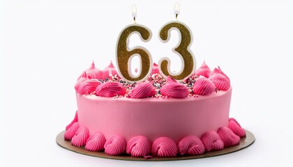 Decorated pink cake for birthday or anniversary party, candle number 63, white background