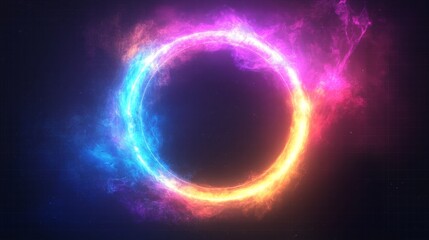 Obraz premium Neon light glow effect on abstract magic halo ring. 3d futuristic circular frame in red, pink, green and yellow. Electric beam and circle aura isolated on transparent background. Fantasy orb hole