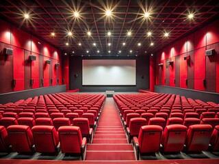 Empty Movie Theater: Red Seats, White Screen, Copy Space - Cinematic Background