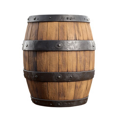 Obraz premium Rustic wooden barrel with metal bands on transparent background