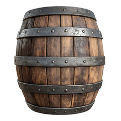 Fototapeta premium Rustic wooden barrel with metal bands, ideal for vintage or rustic-themed designs, isolated on transparent background