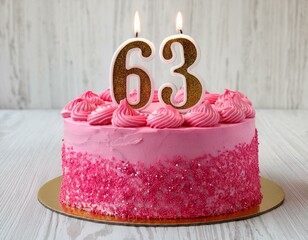 Decorated pink cake for birthday or anniversary party, candle number 63, white background