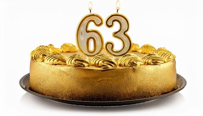 Decorated gold cake for birthday or anniversary party, candle number 63, white background