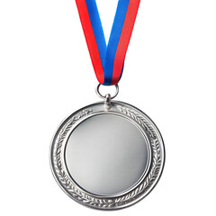 Silver medal with a ribbon attached on transparent background