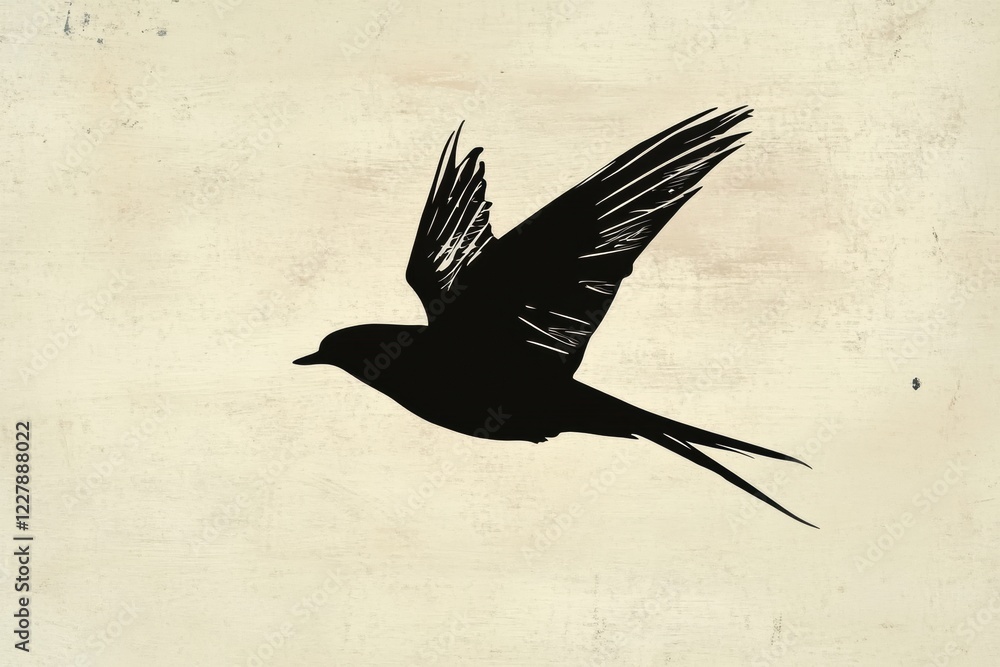 Poster silhouette of a bird in flight against a textured beige background showcasing freedom and movement. 
