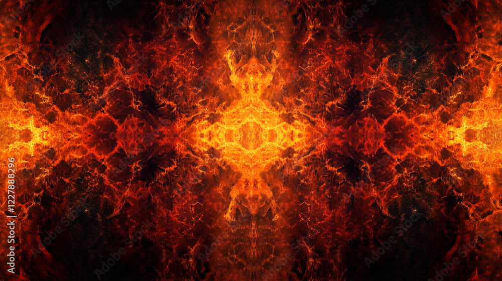 Poster vibrant abstract patterns reflecting fiery energy in a dark cosmic setting