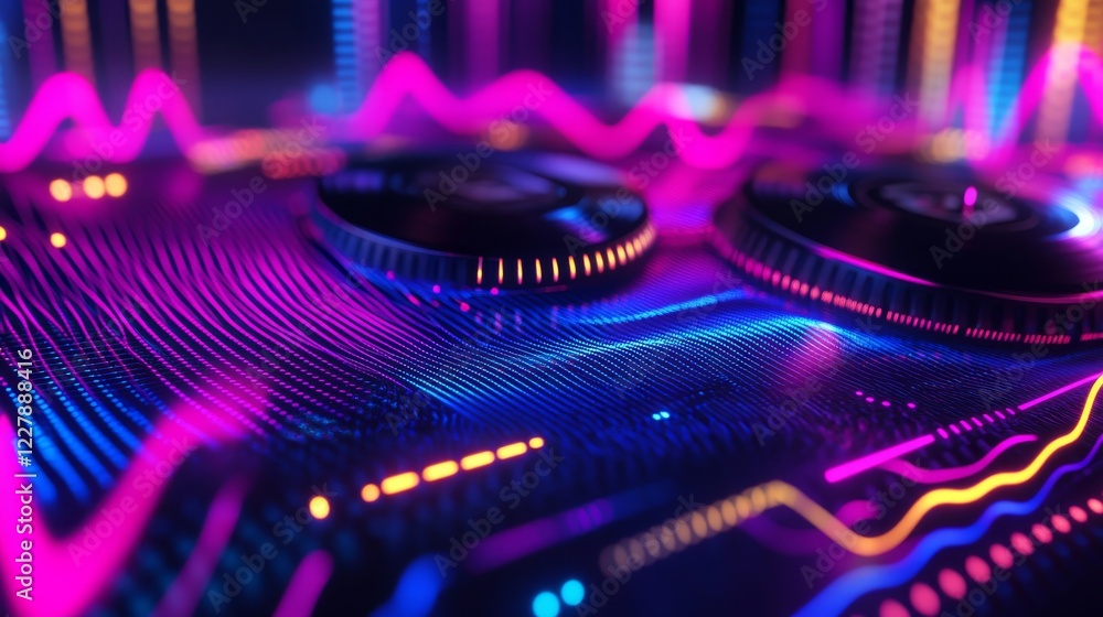 Poster neon audio voice frequency wave and abstract sound light vector background. radio pulse effect curve