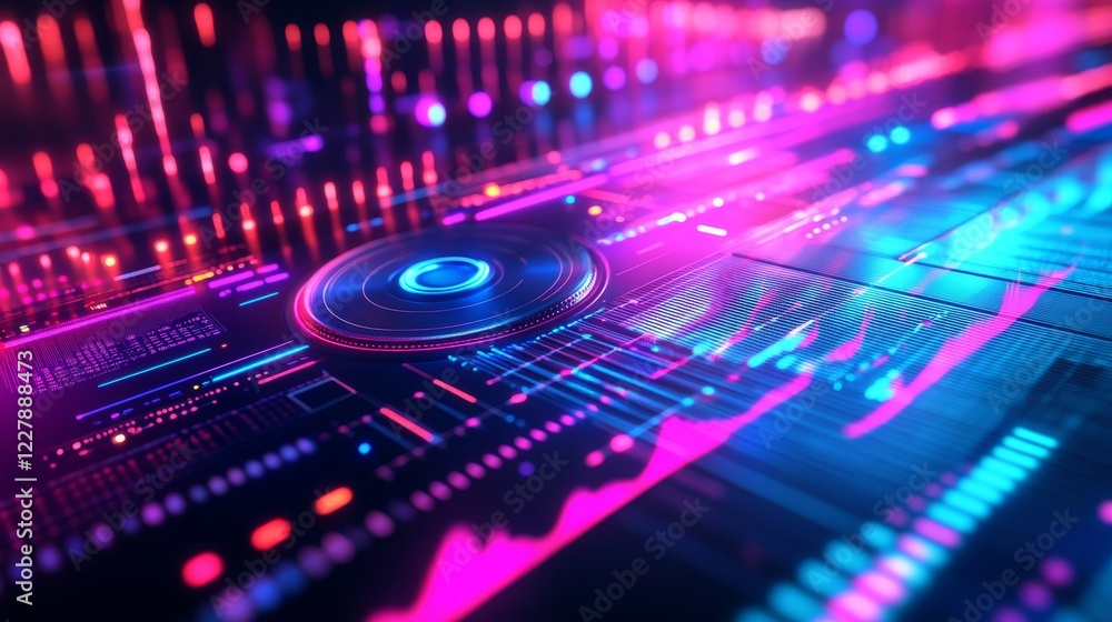 Poster neon audio voice frequency wave and abstract sound light vector background. radio pulse effect curve