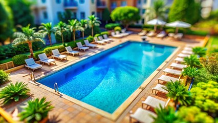 Empty Summer Hotel Poolside, Tilt-Shift Miniature Effect, Travel Vacation Background