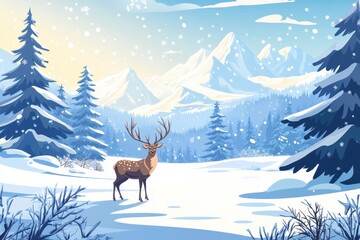 Majestic winter scene with deer in snowy forest landscape for seasonal posters . A serene winter landscape featuring a deer gracefully standing amidst a snow-covered forest.