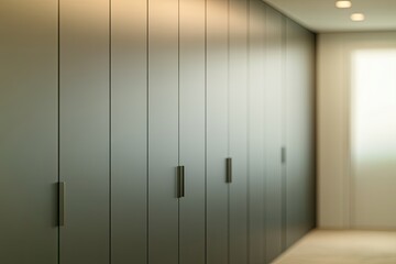 detailed view of multifunctional wardrobe with sliding panels smooth matte finish in soft lighting sharp focus on sleek