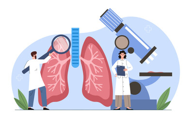 Illustration of doctors analyzing lungs with a magnifying glass and microscope, in a blue-themed background. Represents medical research and health. Vector illustration