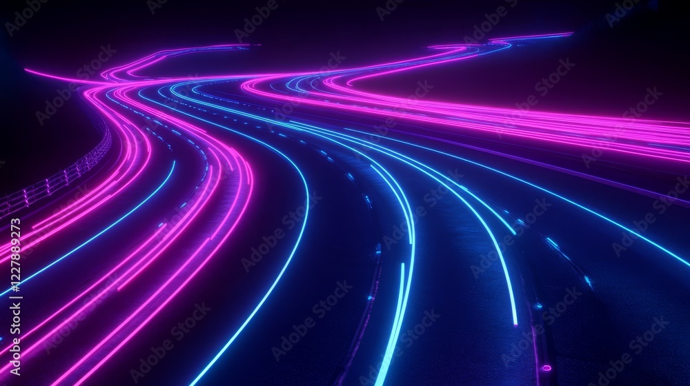 Poster high speed race curve lines with glow neon effect. blue and pink luminous dynamic trail of fast car 
