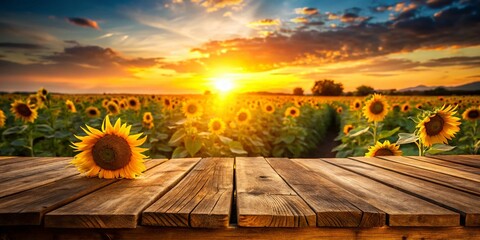 Empty Wooden Table Sunset Sunflowers Legal AI Concept Stock Photo