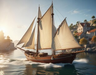 Obraz premium Classic wooden boat with billowing sails in a sunny harbor , wooden boat, billowing sails, nautical scene