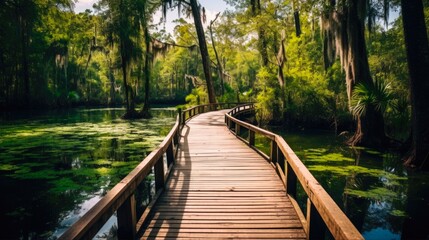 Fototapeta premium Discovering Nature at Ocala National Forest: Hiking the Glen and Salt Creek Trails on a Wooden Boardwalk (16:9)
