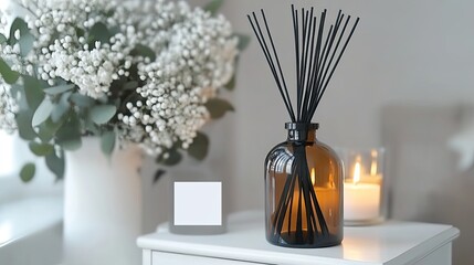 Soft light illuminates an amber glass bottle filled with black reed sticks beside a candle and blank label in a minimalistic design