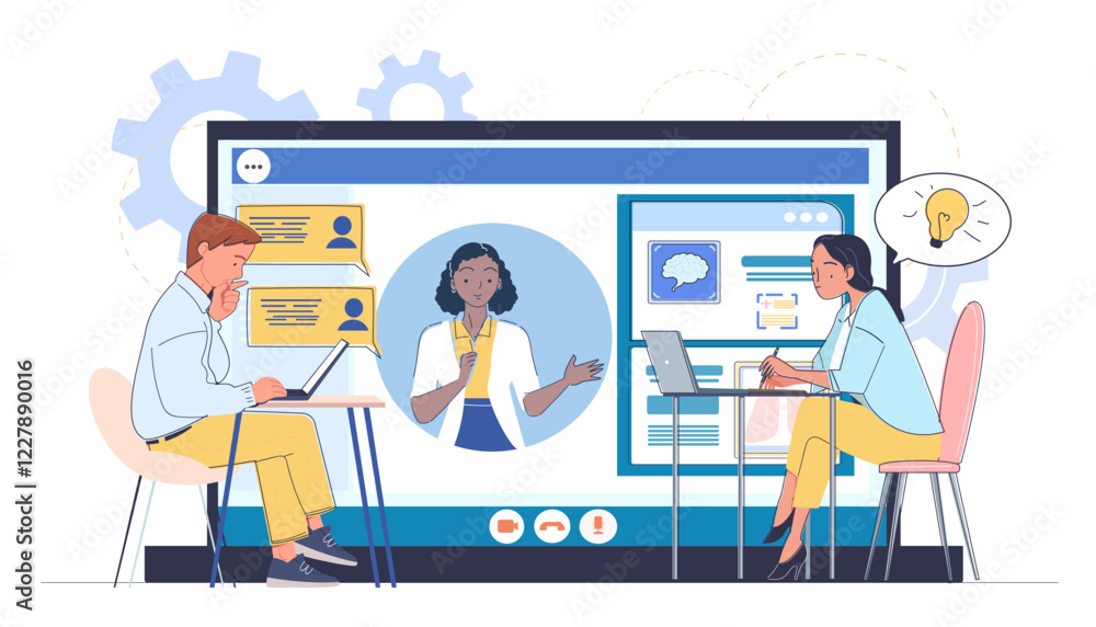 Poster illustration of a virtual meeting with participants using laptops and a central screen showing a pre