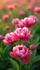 Naklejka premium Fresh peony flowers in a field, blooming, peonies